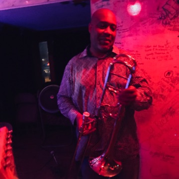 Andre Hayward at Continental Club Gallery 9-4-19 = drums, guitar, trombone
